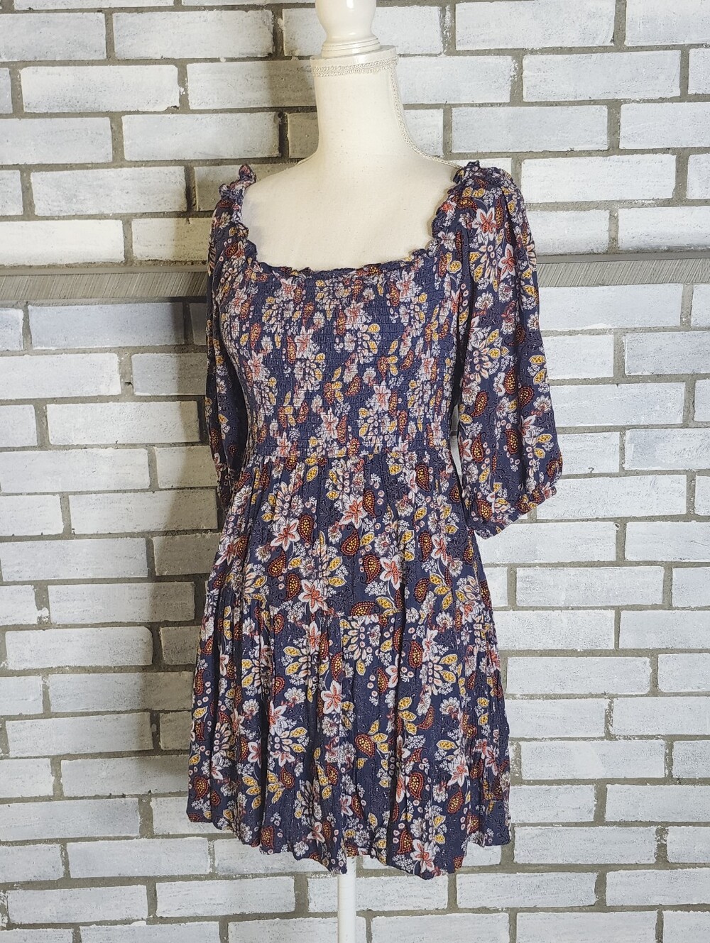 • Angie Boho Smocked 3/4 Sleeve Off The Shoulder Paisley Floral Mini Dress M